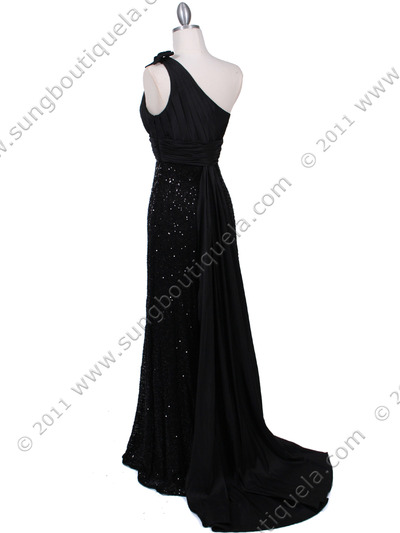 HK9180 Black One Shoulder Sequin Evening Dress - Black, Back View Medium