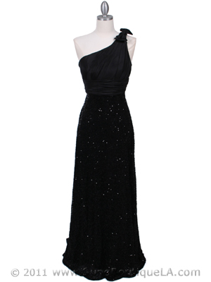 HK9180 Black One Shoulder Sequin Evening Dress, Black