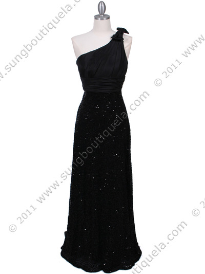 HK9180 Black One Shoulder Sequin Evening Dress - Black, Front View Medium