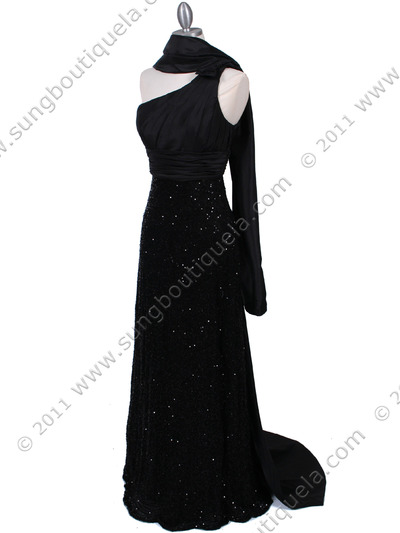 HK9180 Black One Shoulder Sequin Evening Dress - Black, Alt View Medium