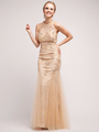 JC3206 Vintage-Inspired Gold Halter Evening Dress - Gold, Front View Thumbnail