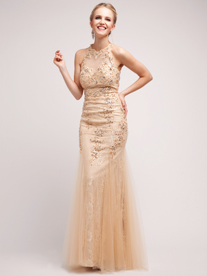 JC3206 Vintage-Inspired Gold Halter Evening Dress, Gold