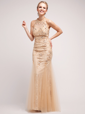 JC3206 Vintage-Inspired Gold Halter Evening Dress, Gold