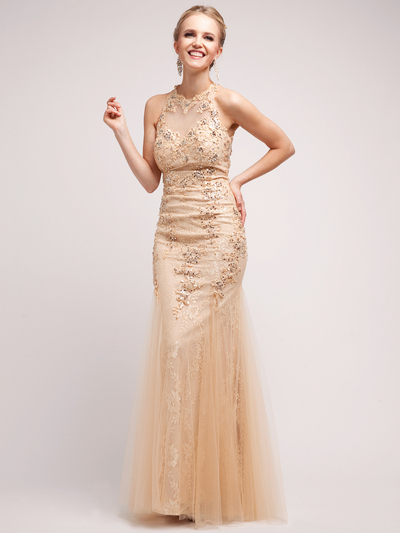 JC3206 Vintage-Inspired Gold Halter Evening Dress - Gold, Front View Medium