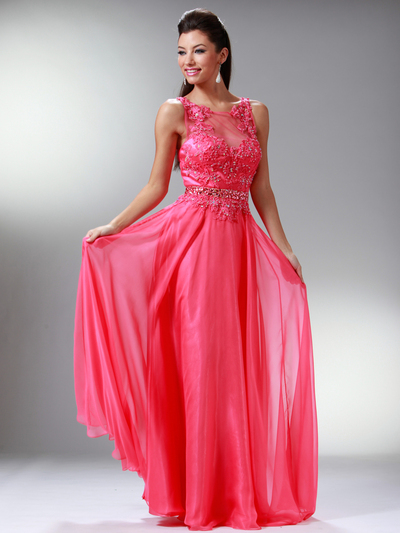JC906 Watermelon Lace & Embroidery Top Prom Dress - Watermelon, Front View Medium