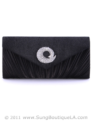 JX3703 Black Satin Evening Bag with Rhinestone Buckle, Black