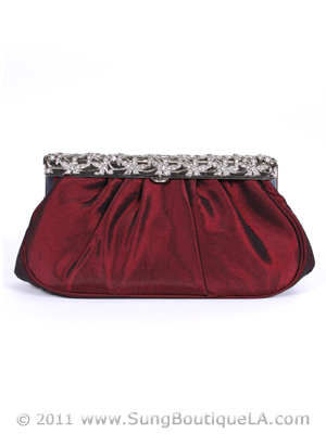 M40007 Wine Satin Evening Bag with Rhinestone Frame, Wine