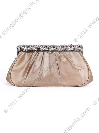 M40007 Taupe Satin Evening Bag with Rhinestone Frame - Taupe, Front View Medium
