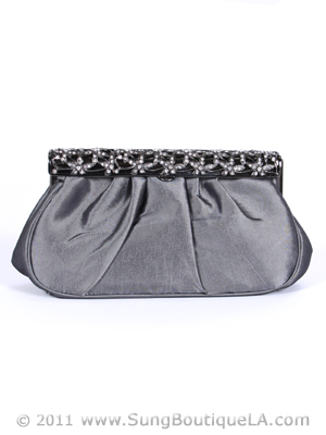M40007 Pewter Satin Evening Bag with Rhinestone Frame, Pewter