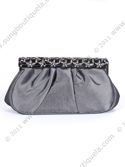 M40007 Pewter Satin Evening Bag with Rhinestone Frame - Pewter, Front View Medium