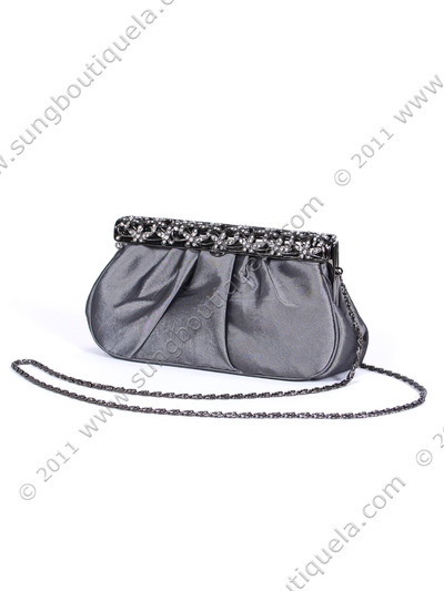 M40007 Pewter Satin Evening Bag with Rhinestone Frame - Pewter, Alt View Medium