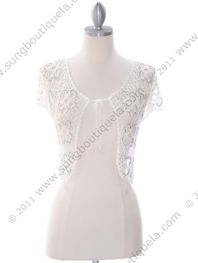 SB1800 White Crochet Bolero Jacket with Beads - White, Front View Medium