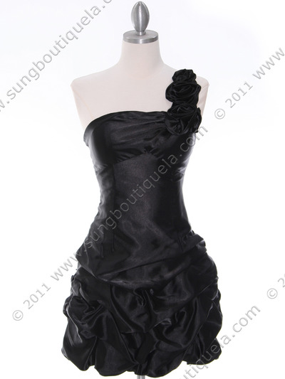 U709 Black One Shoulder Cocktail Dress - Black, Front View Medium